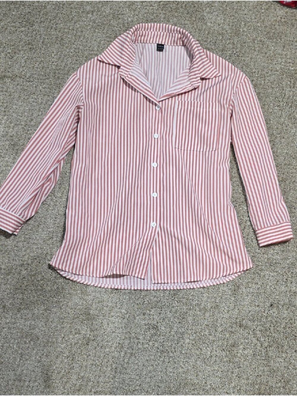 SHEIN Pink and White Vertical Stripe Button-Up Shirt